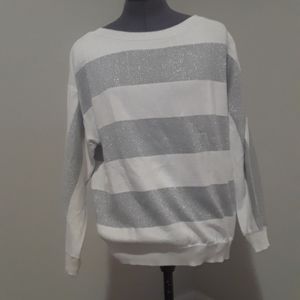 Liz Claiborne Sparkly Grey & White‎ Striped Long Sleeve Shirt